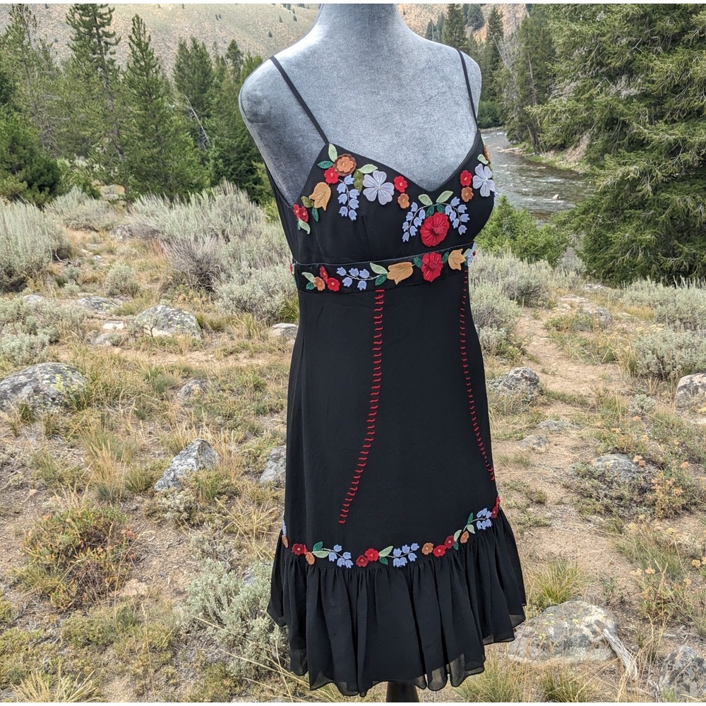 Vintage Y2K Sue Wong Black Silk Floral Applique Dress 8 Whimsigoth Embroidered - Picture 7 of 16